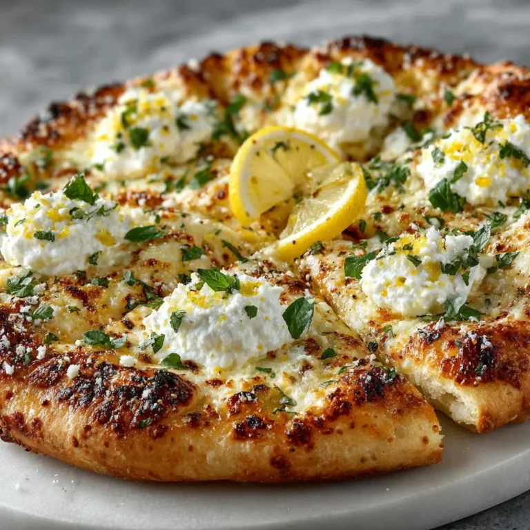 "A vibrant lemon pizza featuring a golden crust topped with creamy ricotta, melted mozzarella, fresh lemon slices, and aromatic basil leaves