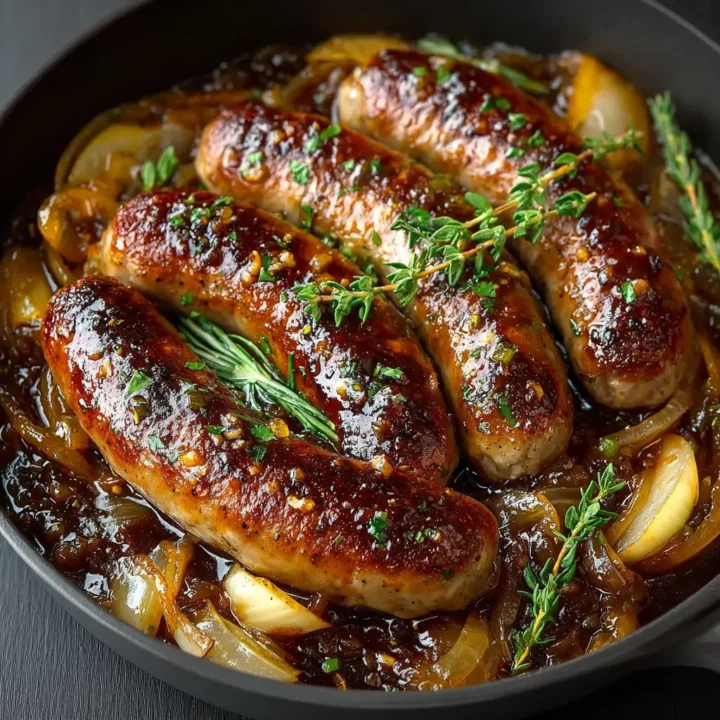 Oven Braised Beer Brats with Caramelized Onions