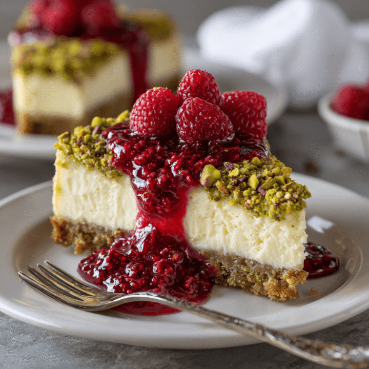 Elegant Pistachio Raspberry Crunch Cheesecake Recipe