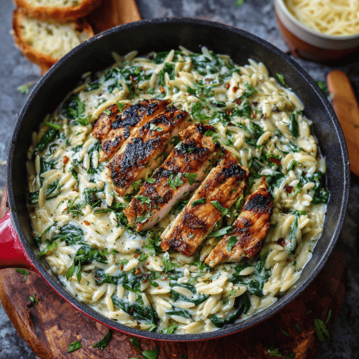Creamy Spinach Parmesan Orzo with Grilled Chicken Recipe