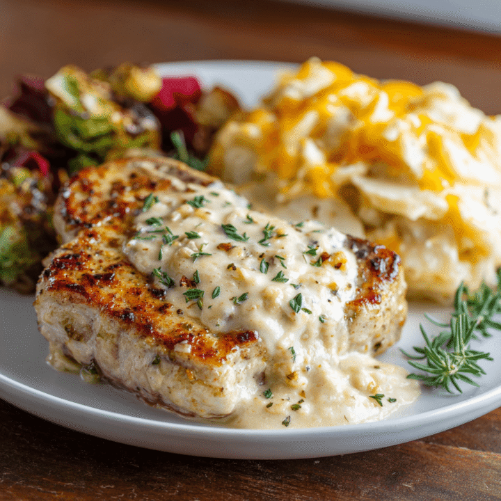 Creamy Pork Chops over Cheesy Scalloped Potatoes Recipe