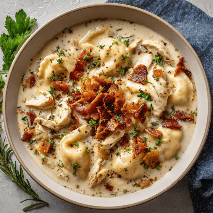 Creamy Pierogi Chicken Soup with Rosemary Bacon Bits Recipe