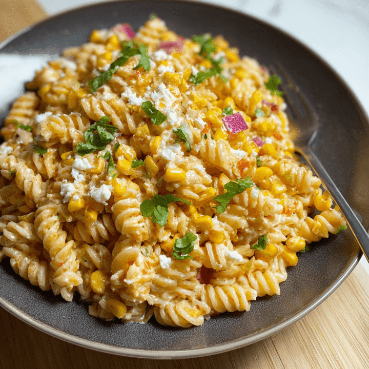 Easy Mexican Street Corn Pasta Salad Recipe  ### Overview  **Easy Mexican Street Corn Pasta Salad** is a vibrant and flavorful dish that combines the classic flavors of Mexican street corn (elote) with pasta for a satisfying salad. This recipe features sweet corn, creamy dressing, and zesty spices, making it a perfect side dish for barbecues, picnics, or potlucks. It’s easy to prepare and can be served warm or cold!  ### Ingredients  - **8 ounces pasta** (any shape, such as rotini or penne) - **1 cup corn kernels** (fresh, frozen, or canned) - **1 red bell pepper**, diced - **1/2 cup red onion**, finely chopped - **1/2 cup chopped cilantro** - **1/2 cup crumbled feta cheese** (or cotija cheese) - **1 avocado**, diced (optional)  #### For the Dressing: - **1/4 cup mayonnaise** - **1/4 cup Greek yogurt** (or sour cream) - **2 tablespoons lime juice** - **1 teaspoon chili powder** - **1/2 teaspoon garlic powder** - **Salt and pepper**, to taste  ### Timing  Making **Easy Mexican Street Corn Pasta Salad** takes about **15 minutes** for preparation and **10-12 minutes** for cooking the pasta.  ### Instructions  #### Step 1: Cook the Pasta 1. **Boil Pasta**: In a large pot of salted boiling water, cook the pasta according to package instructions until al dente. Drain and rinse under cold water to cool.  #### Step 2: Prepare the Corn 1. **Cook Corn**: If using fresh corn, you can grill or sauté it in a skillet until slightly charred. If using frozen corn, simply thaw it. For canned corn, drain and rinse.  #### Step 3: Mix the Salad 1. **Combine Ingredients**: In a large bowl, combine the cooked pasta, corn, diced bell pepper, red onion, cilantro, and feta cheese (and avocado if using).  #### Step 4: Make the Dressing 1. **Mix Dressing**: In a small bowl, whisk together the mayonnaise, Greek yogurt, lime juice, chili powder, garlic powder, salt, and pepper until smooth.  #### Step 5: Combine Salad and Dressing 1. **Toss Together**: Pour the dressing over the pasta salad and toss gently to combine. Adjust seasoning with more salt and pepper if needed.  #### Step 6: Serve 1. **Chill (Optional)**: For best flavor, let the salad chill in the refrigerator for at least **30 minutes** before serving.  2. **Enjoy**: Serve as a side dish or a light main course!  ### Nutritional Information  Here’s a quick overview of the nutritional content of **Easy Mexican Street Corn Pasta Salad** (per serving, based on 6 servings):  | Nutrient          | Amount per Serving     | |-------------------|------------------------| | Calories          | 250                    | | Protein           | 8g                     | | Fat               | 12g                    | | Carbohydrates     | 30g                    | | Sugar             | 3g                     |  ### Tips for Customization  - **Add Protein**: Incorporate cooked chicken, shrimp, or black beans for a heartier salad. - **Spice Level**: Add diced jalapeños or a dash of hot sauce for extra heat. - **Vegetable Variations**: Feel free to add other vegetables like zucchini, cherry tomatoes, or corn salsa for added flavor and nutrition.  ### Storage Instructions  Store any leftover pasta salad in an airtight container in the refrigerator for up to **3 days**. The flavors will continue to meld as it sits, making it even more delicious!  ### Conclusion  **Easy Mexican Street Corn Pasta Salad** is a colorful and flavorful dish that brings the taste of Mexican street corn to your table in a fun and easy way. With its creamy dressing and fresh ingredients, this pasta salad is sure to be a hit at your next gathering!