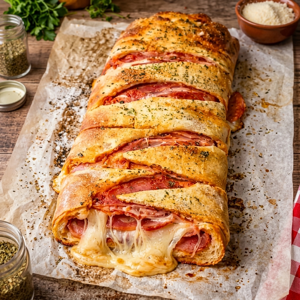Stromboli maison au pepperoni, jambon et fromage fondant